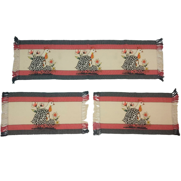 Kit de Tapetes para Cozinhas Artezana Galinha com 3 peças Preto e Vermelho