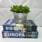 Kit Decoração 2 Livros Na Cor Azul + Vaso Prata Trabalhado