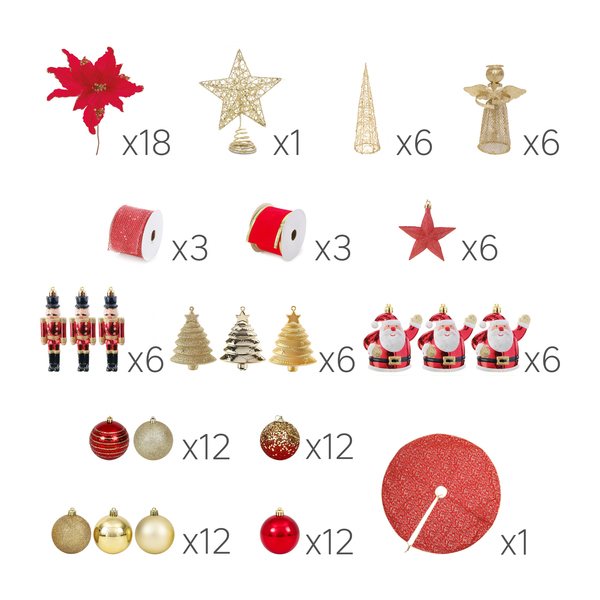Kit Decoração Árvore de Natal Clássica Vermelha e Dourada 110 Peças com Bolas, Enfeites, Flores, Fitas, Topo e Saia