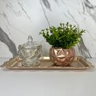 Kit Decoração Bandeja + Potiche De Cristal + Vaso Rose Gold