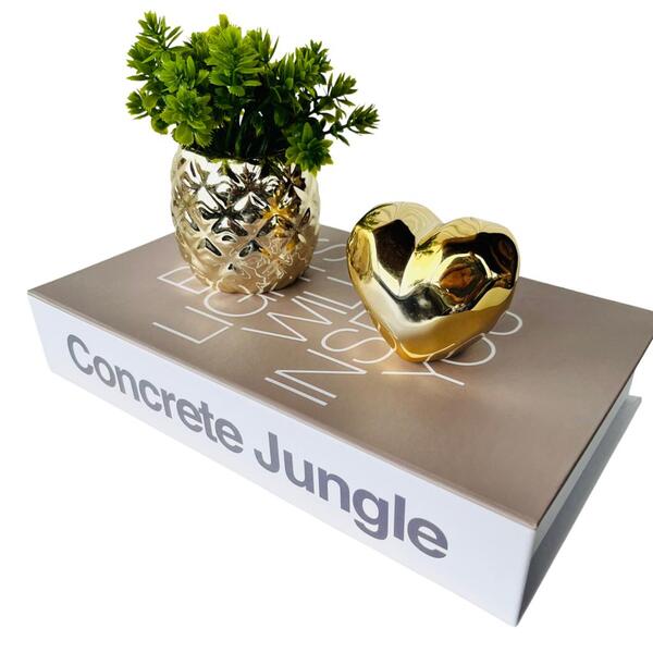 Kit Decoração Com 3 Peças Livro + Vaso Dourado + Coração