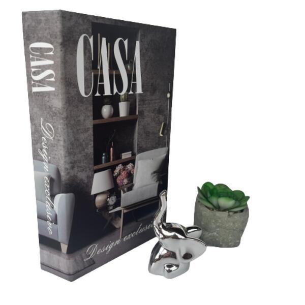 Kit Decoração Elefante Prata + Mini Vaso Pedra + Livro Casa