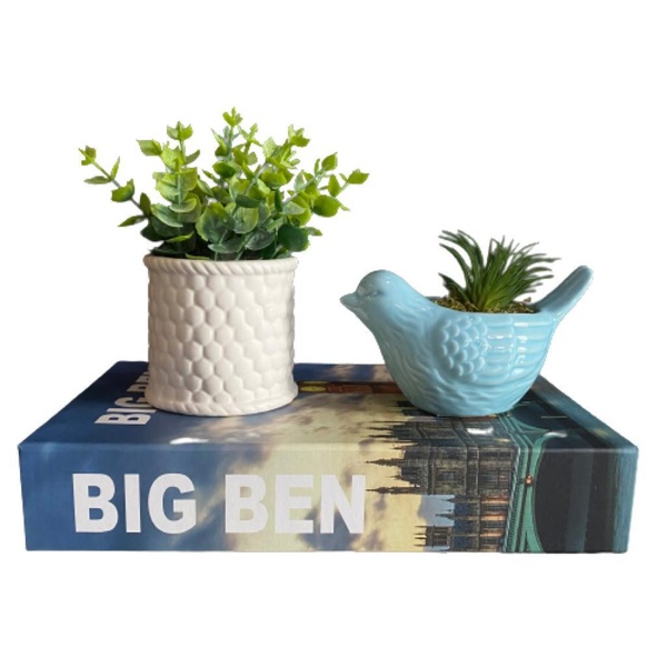 Kit Decoração Livro + Vaso Branco Trabalhado + Pássaro Azul