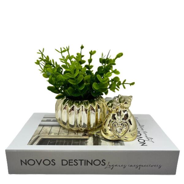 Kit Decoração Livro + Vaso Dourado + Enfeite Gatinho