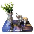 Kit Decoração Livro Londres + Elefante Prata + Vaso Cerâmico
