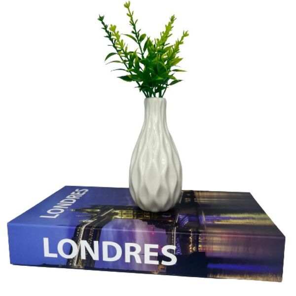 Kit Decoração Livro Londres + Vaso Branco De Cerâmica