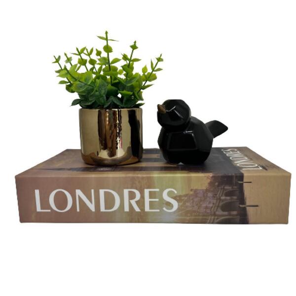 Kit Decoração Livro Londres + Vaso Cobre + Pássaro Preto