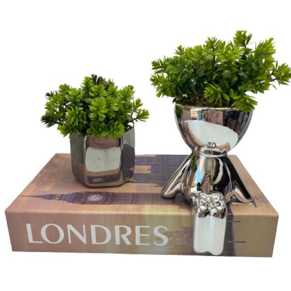 Kit Decoração Livro Londres + Vaso Prata + Vaso Bob Prata