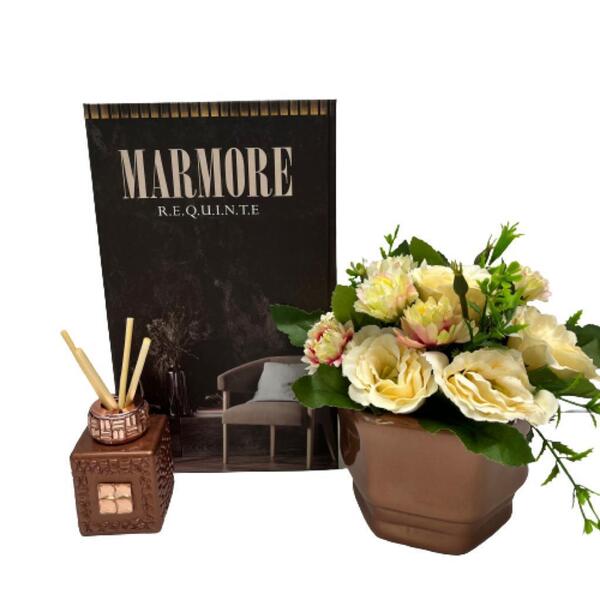 Kit Decoração Livro Marmore + Vaso Cerâmico + Difusor Vidro