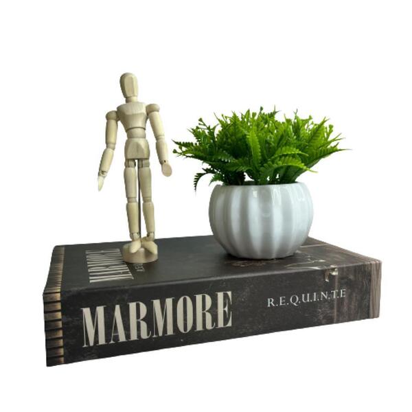 Kit Decoração Livro Marrom + Vaso Branco + Boneco Articulado