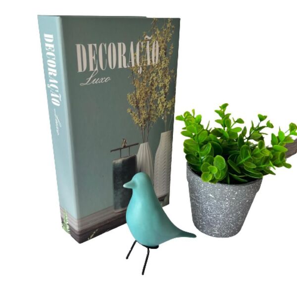 Kit Decoração Livro Moderno + Vaso Cinza + Pássaro Verde