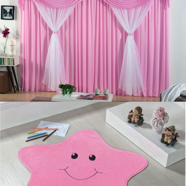 Kit Decoração P/ Quarto De Menina = Cortina Malha Jessica + T