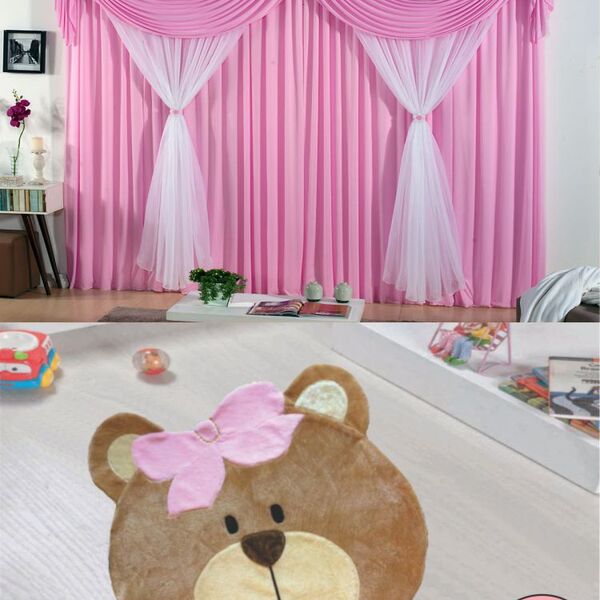 Kit Decoração P/ Quarto De Menina = Cortina Malha Jéssica + T