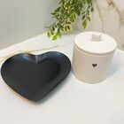 Kit Decoração Prato E Pote Cerâmica Coração Preto E Branco 2p