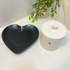 Kit Decoração Prato E Pote Cerâmica Coração Preto E Branco 2p