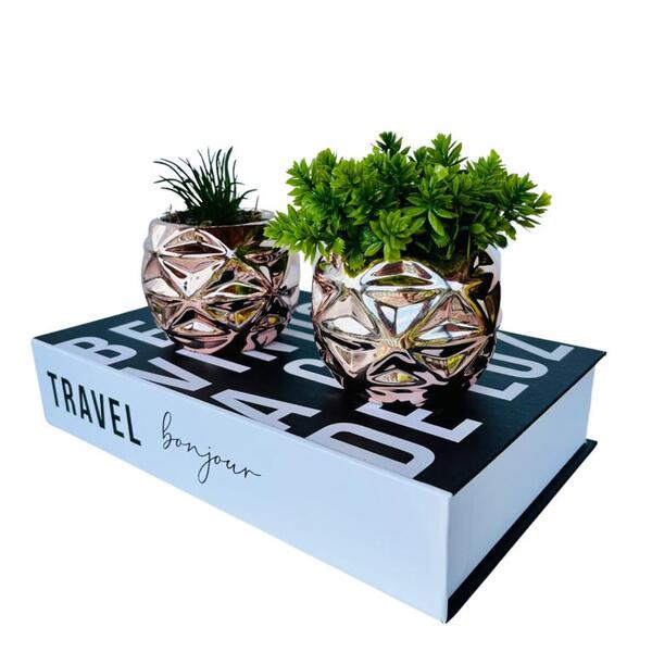 Kit Decoração Sala 3 Peças Livro Caixa + Dois Vasos Rosê