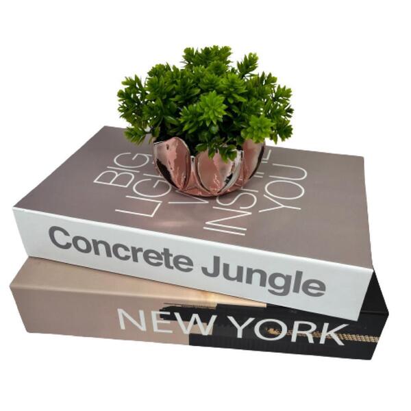 Kit Decoração Vaso De Vidro Rose + 2 Livros Na Cor Marrom