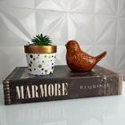 Kit Decorativo Livro Mármore + Vaso Bolinha + Pássaro Marrom