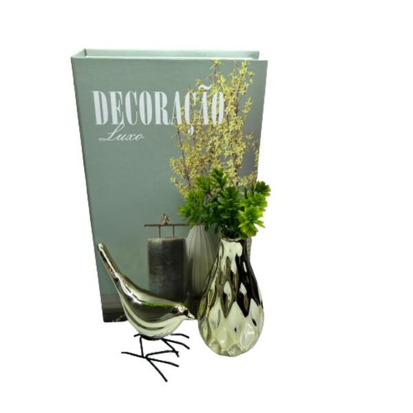 Kit Decorativo Livro Verde + Vaso Dourado + Pássaro Cerâmico