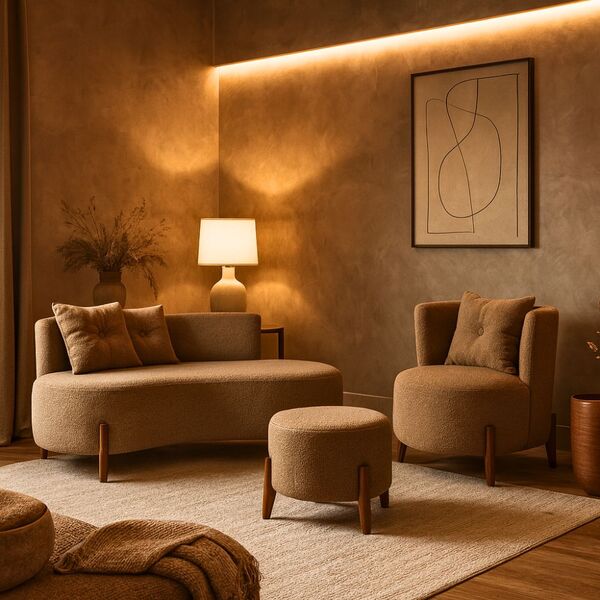 Kit Decorativo Sofá Curvo Orgânico + 01 Puff E Poltrona Luna