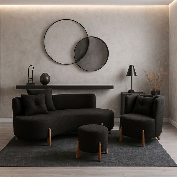 Kit Decorativo Sofá Curvo Orgânico + 01 Puff E Poltrona Luna