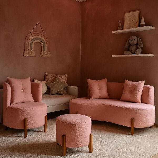 Kit Decorativo Sofá Curvo Orgânico + 01 Puff E Poltrona Luna