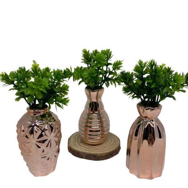 Kit Decorativo Três Vasinhos Rose Gold Com Planta Artificial