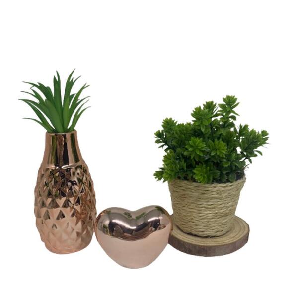 Kit Decorativo Vaso De Corda, Coração Rose Gold E Vaso 3d