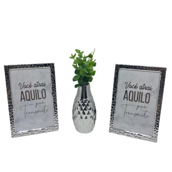 Kit Decorativo Vaso Geométrico E Dois Porta Retrato Prateado