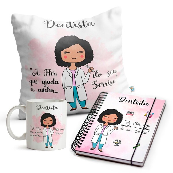 Kit Dentista Feminino Caneca Almofada E Agenda Cabelo:preto C