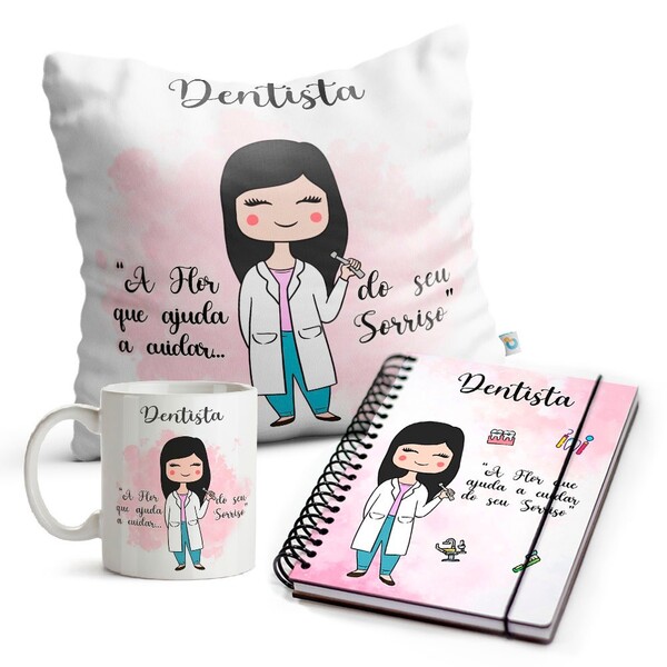 Kit Dentista Feminino Caneca Almofada E Agenda Cabelo:preto L