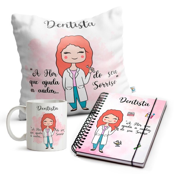 Kit Dentista Feminino Caneca Almofada E Agenda Cabelo:ruivo