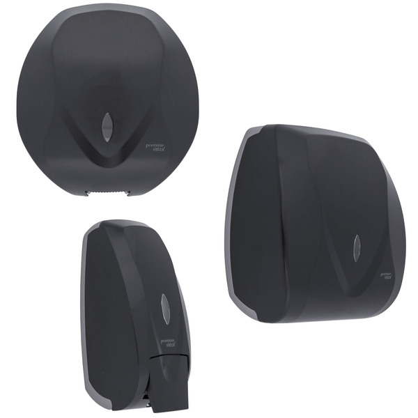 Kit com Porta Papel Toalha 500 Folhas, Porta Sabonete Líquido 800ml e Porta Papel Higiênico Preto Velox Premisse