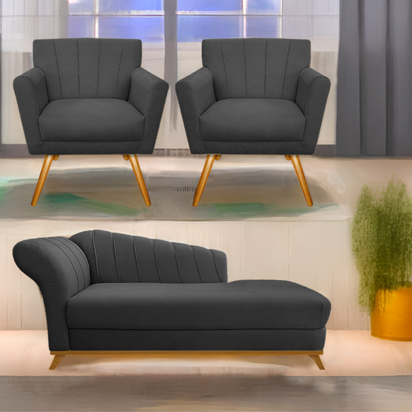 Kit Diva Recamier Vanessa 140cm Lado Direito E 02 Poltronas L