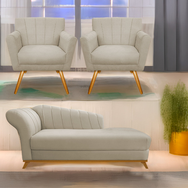 Kit Diva Recamier Vanessa 140cm Lado Direito E 02 Poltronas L