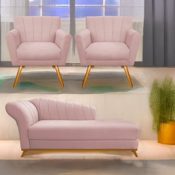 Kit Diva Recamier Vanessa 140cm Lado Direito E 02 Poltronas L