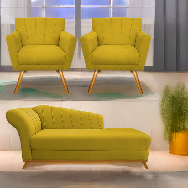 Kit Diva Recamier Vanessa 185cm Lado Direito E 02 Poltronas L