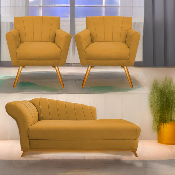 Kit Diva Recamier Vanessa 185cm Lado Direito E 02 Poltronas L