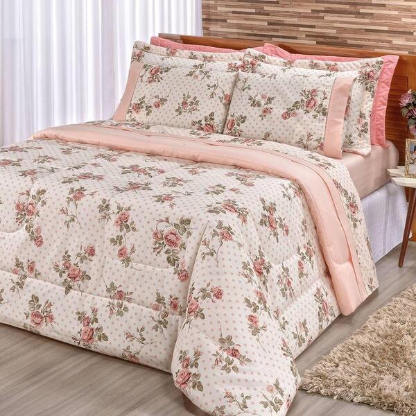 Kit Edredom 180 Fios King Requinte 03 Peças - Salmão Bolinha