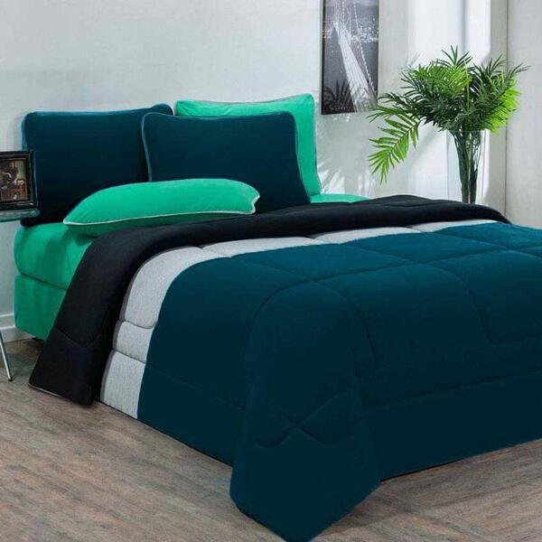 Kit Edredom 3 Peças Queen Azul Petroleo Mescla Preto