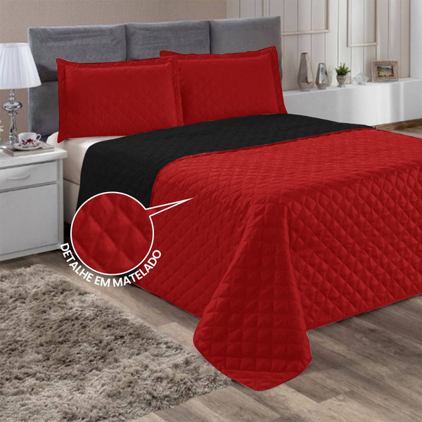 Kit Edredom 3pçs Roma Dupla Face Casal Queen Casen Vermelhoep