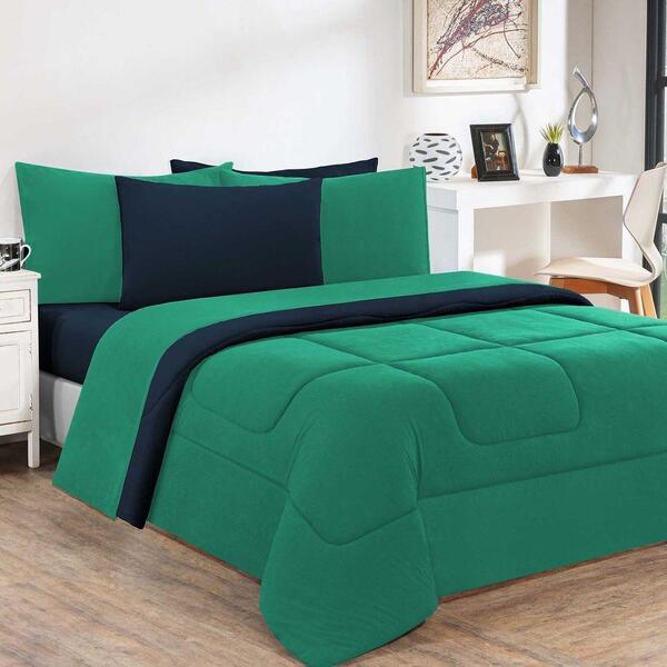 Kit Edredom + Jogo De Lençol 6 Peças Casal Verde Jade Azu...