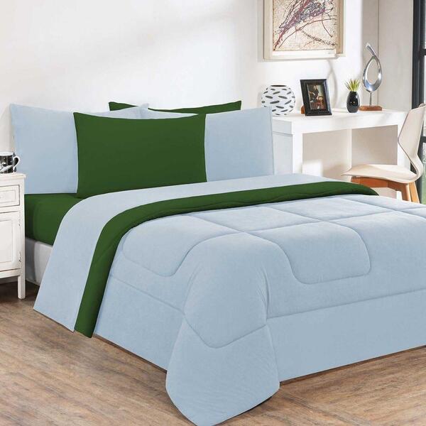 Kit Edredom + Jogo De Lençol 6 Peças Queen Azul Bebê Verde Ba