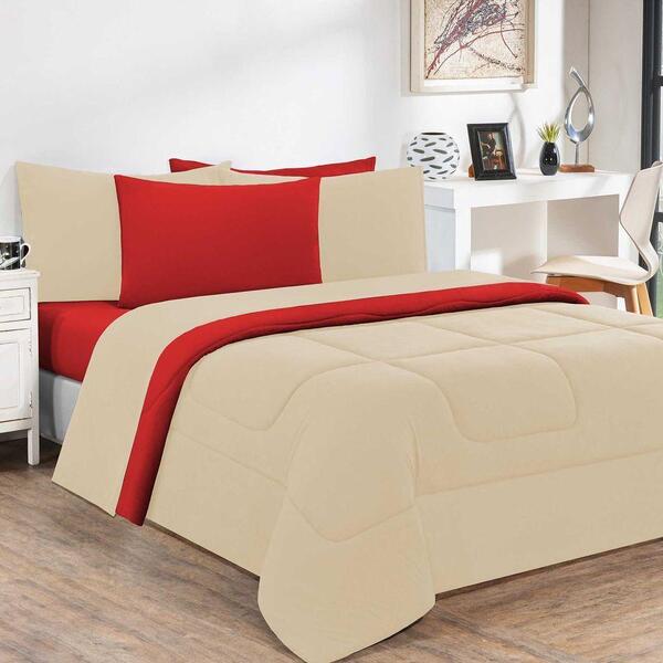 Kit Edredom + Jogo De Lençol 6pçscasal Palha Vermelho