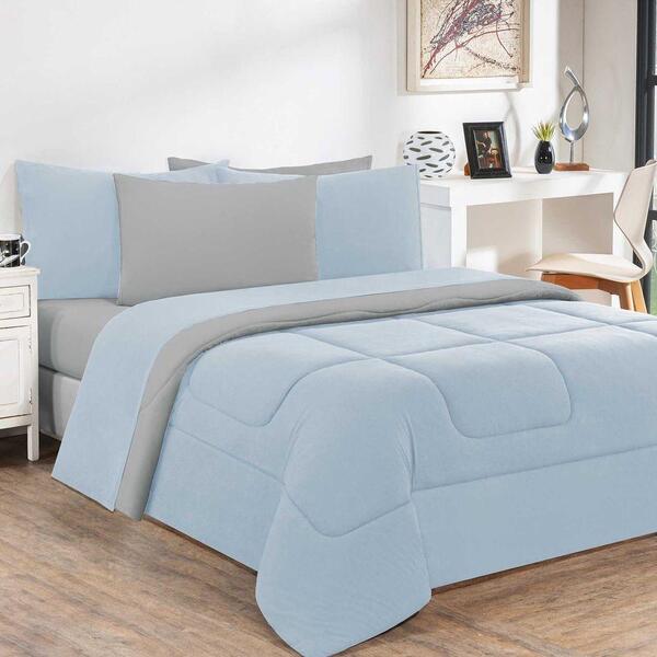 Kit Edredom + Jogo De Lençol 7pçs Casal Azul Bebê Cinza