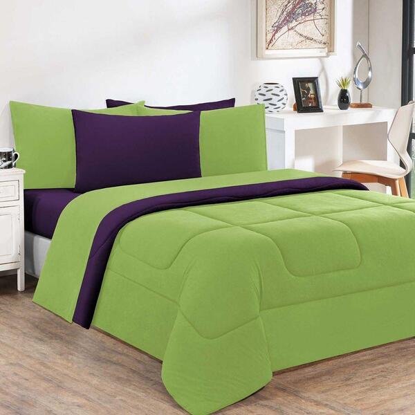 Kit Edredom + Jogo De Lençol 7pçs Casal Verde Pistache Roxo