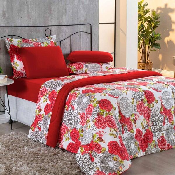 Kit Edredom + Jogo De Lençol Malha 5 Peças Solteiro Floral Ve