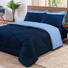 Kit Edredom + Jogo De Lençol Queen 06 Peças Azul Marinho E Az