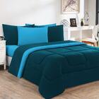Kit Edredom + Jogo De Lençol Solteiro Azul Petróleo Azul Turq