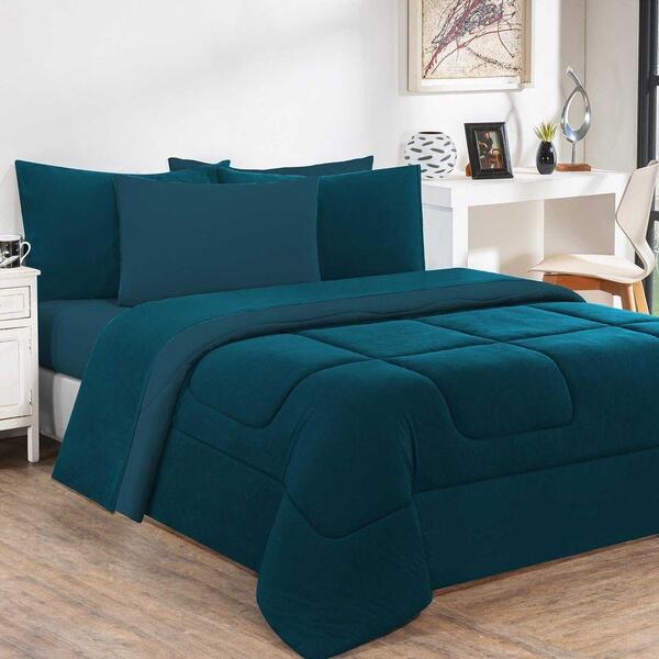Kit Edredom + Lençol 7pçs Queen Azul Petróleo/azul Petróleo
